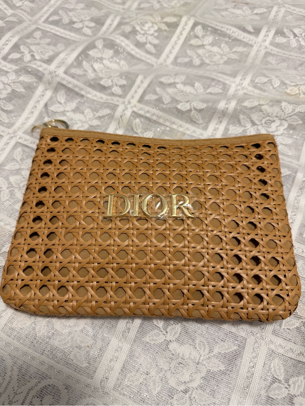 Dior Woven Leather Clutch in Tan with Gold Logo